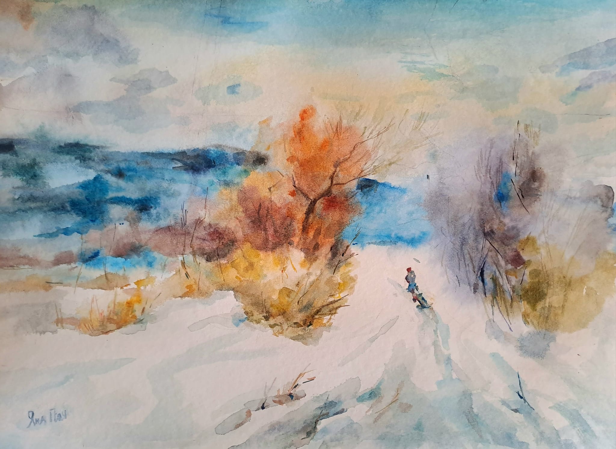 Стъпки в снега акварел 35 50 цена 150евро post featured image